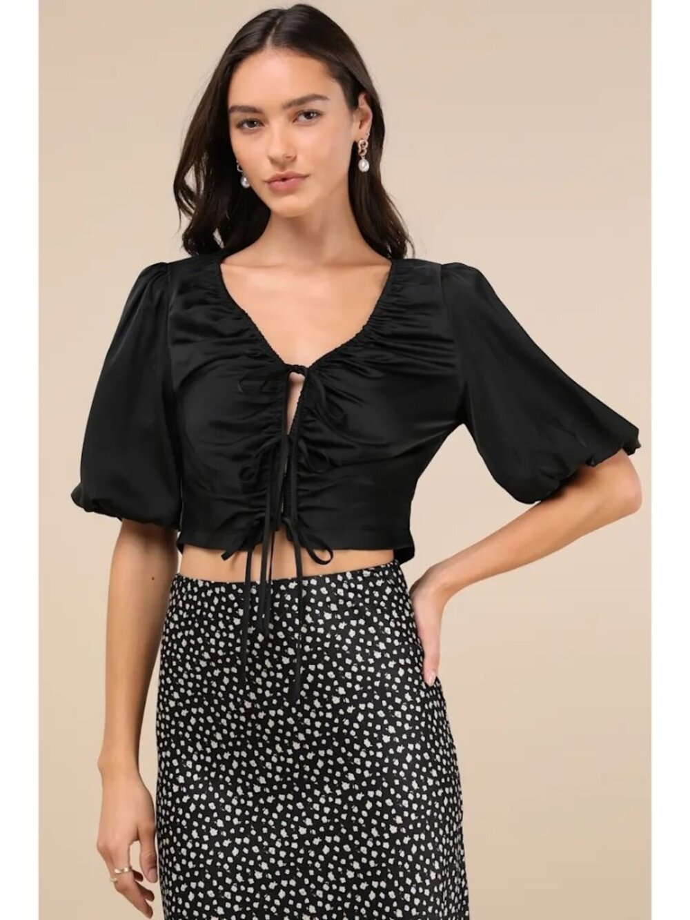 Women's Black Satin Tie Front‎ Top Cropped Wide Sleeve Whimsigoth Size XL